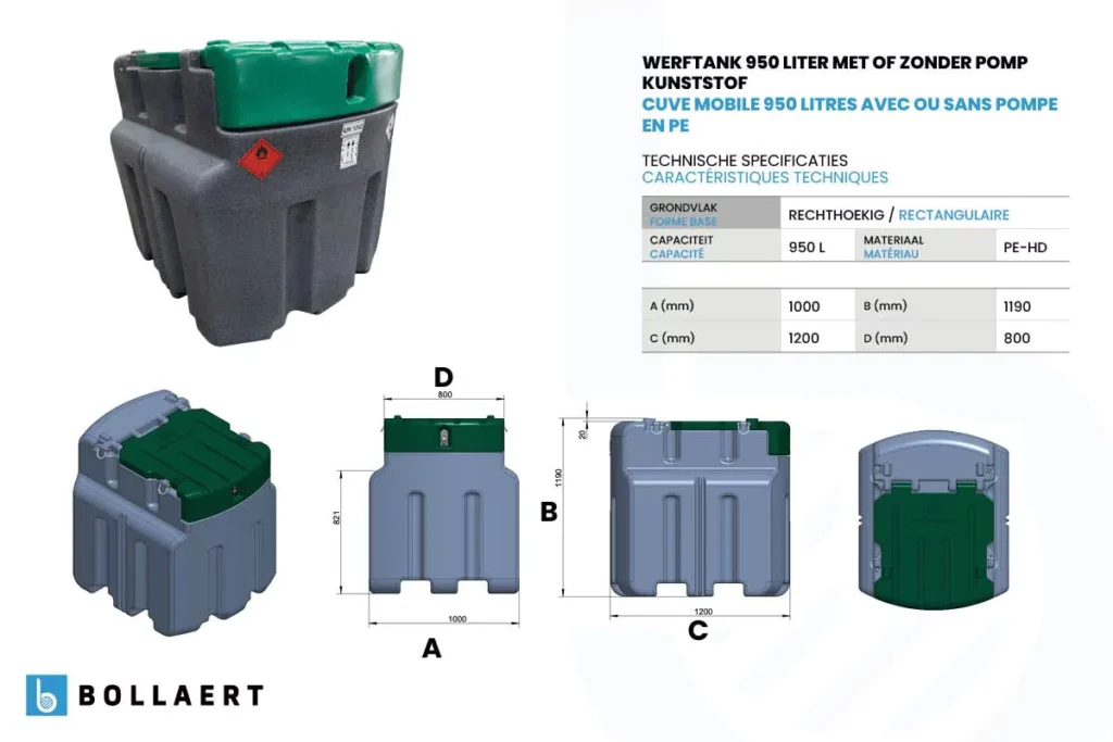 Cuve de ravitaillement PE-HD - 950 litres - avec ou sans pompe