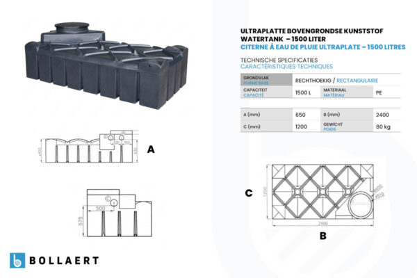 technische tekening ultraplatte kunststof watertank 1500 liter